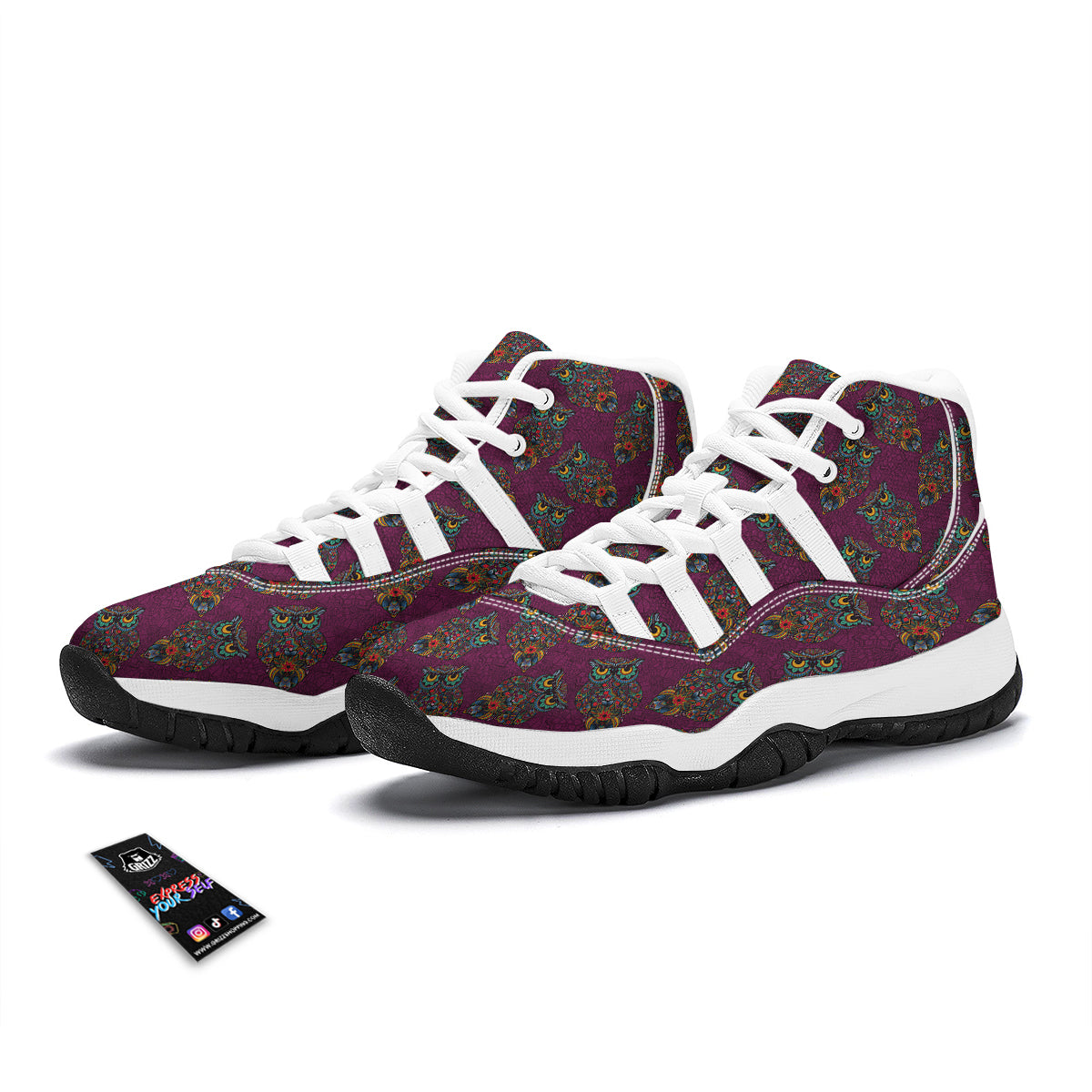 Owl Ornamental Print Pattern White Bball Shoes-grizzshop
