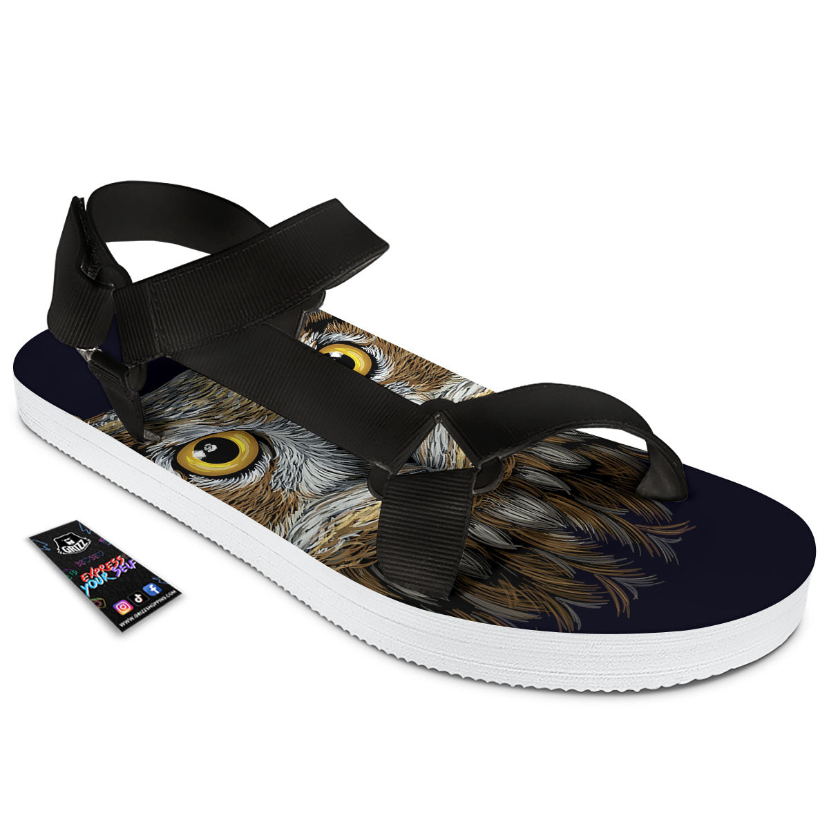 Owl Portrait Print Black Open Toe Sandals-grizzshop