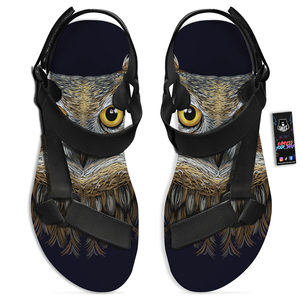Owl Portrait Print Black Open Toe Sandals-grizzshop