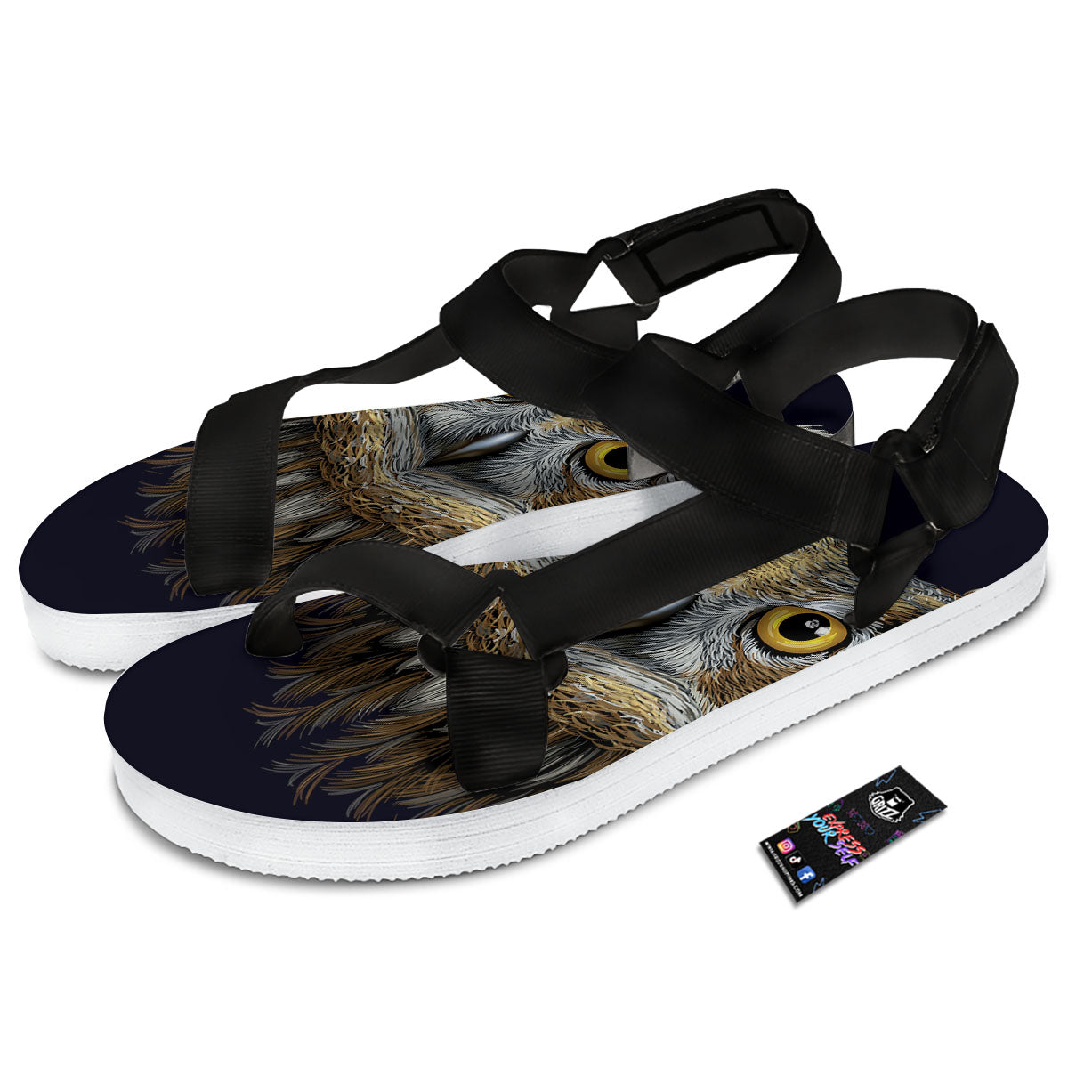 Owl Portrait Print Black Open Toe Sandals-grizzshop