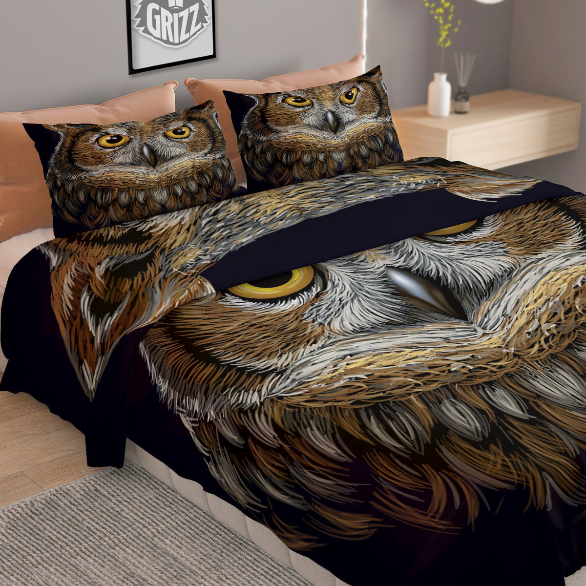 Owl Portrait Print Duvet Cover Bedding Set