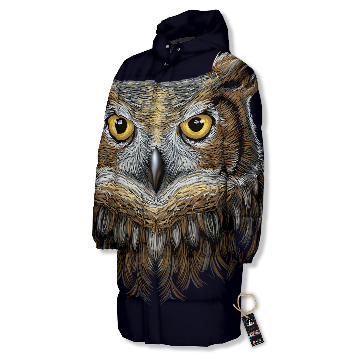 Owl Portrait Print Long Down Jacket-grizzshop