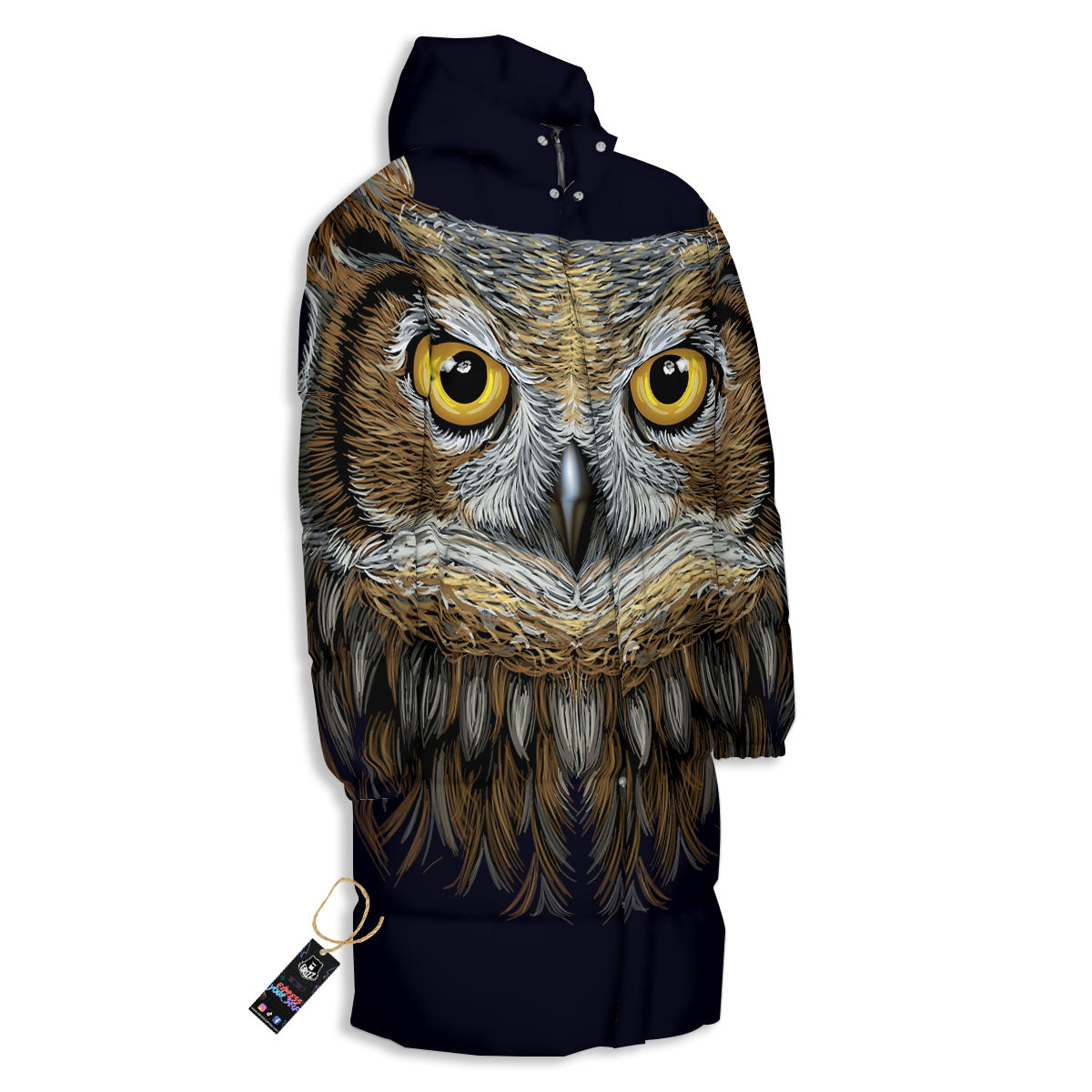 Owl Portrait Print Long Down Jacket-grizzshop