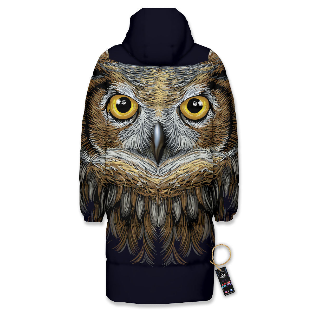 Owl Portrait Print Long Down Jacket-grizzshop