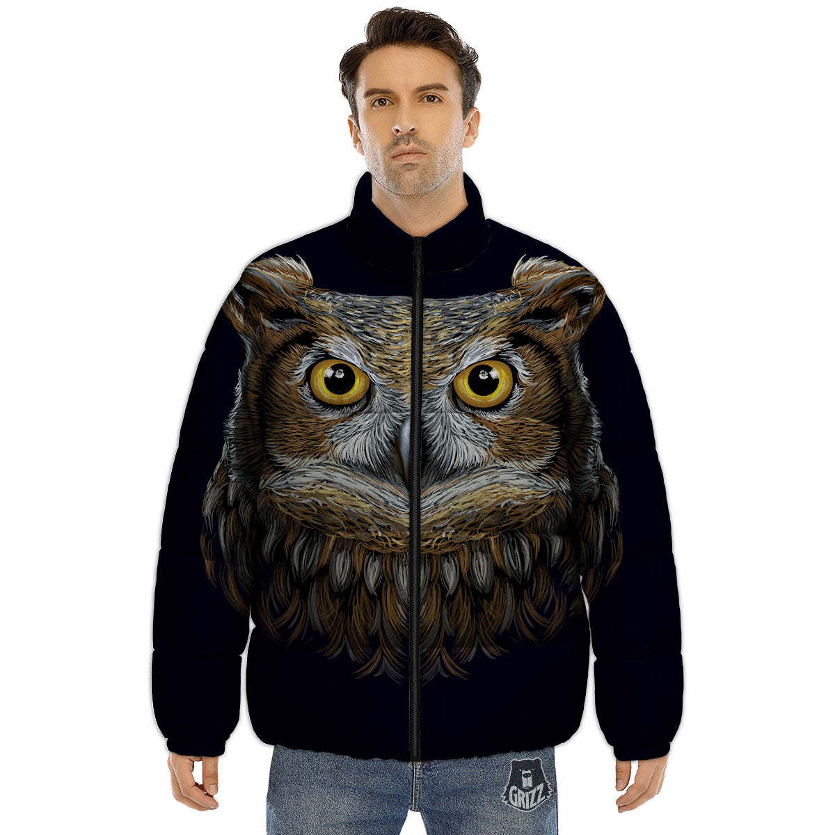 Owl Portrait Print Puffer Jacket-grizzshop