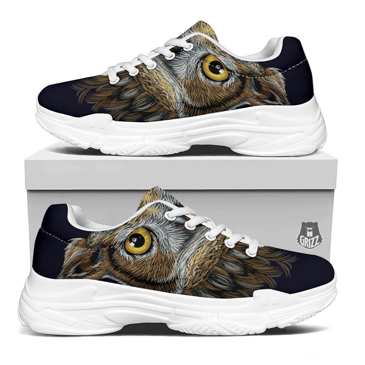 Owl Portrait Print White Chunky Shoes-grizzshop