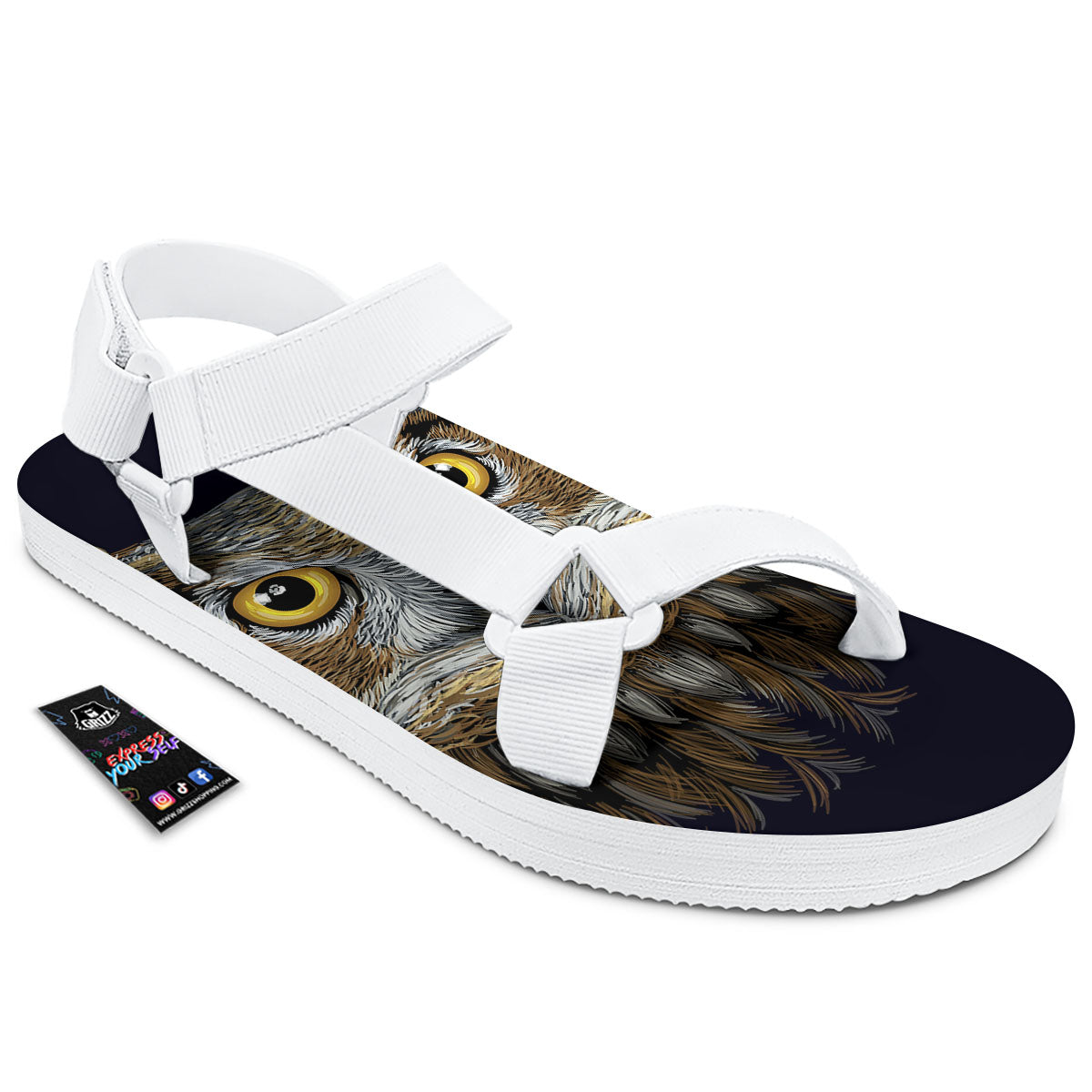 Owl Portrait Print White Open Toe Sandals-grizzshop