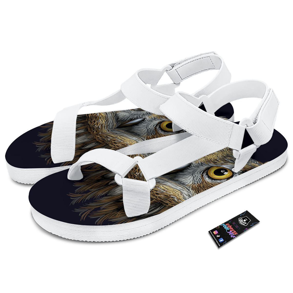 Owl Portrait Print White Open Toe Sandals-grizzshop