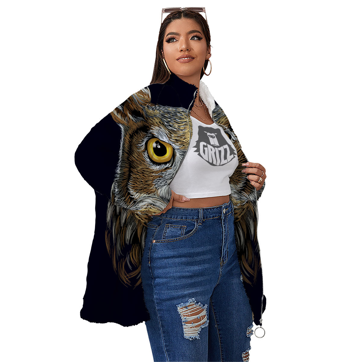 Owl Portrait Print Women's Sherpa Jacket-grizzshop