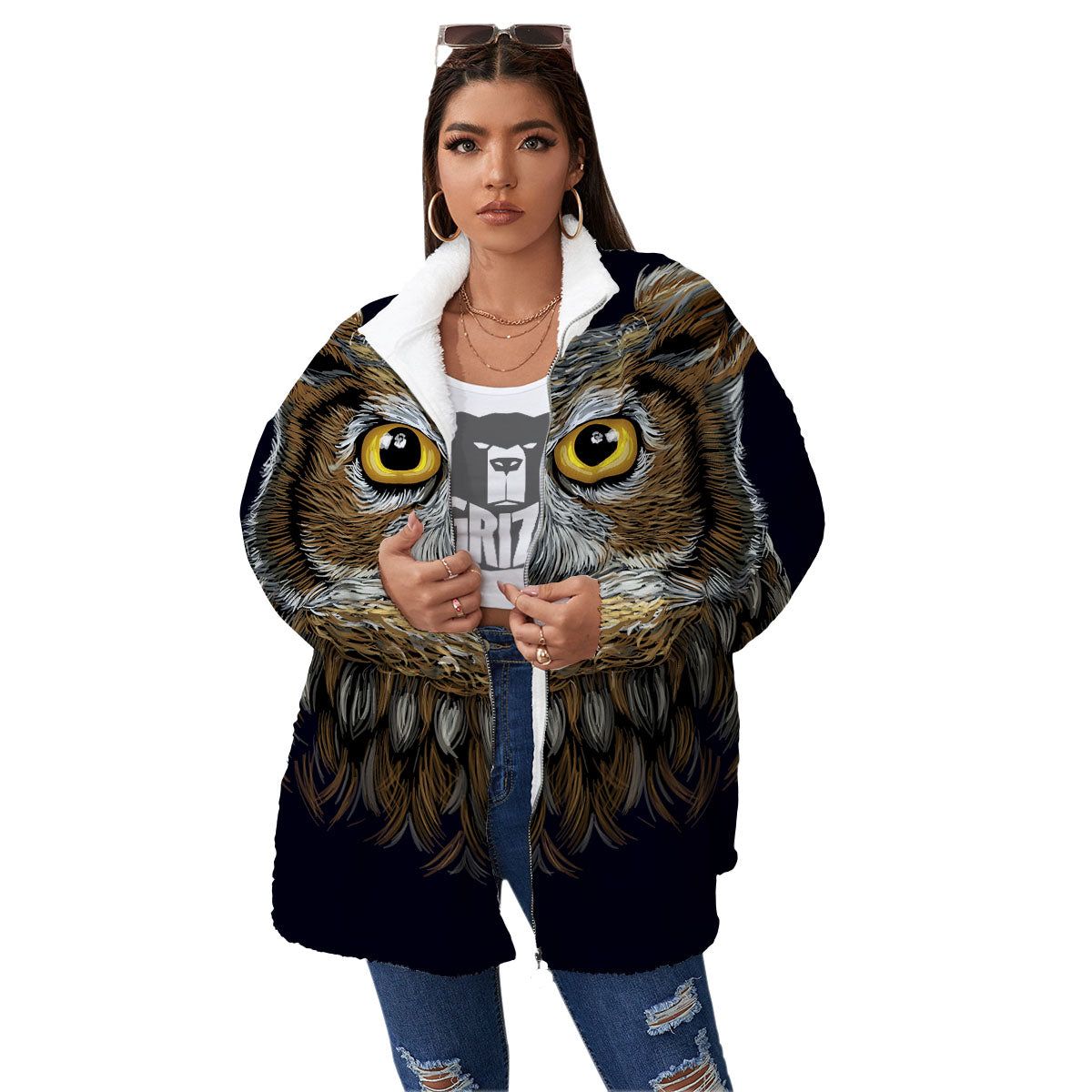 Owl Portrait Print Women's Sherpa Jacket-grizzshop