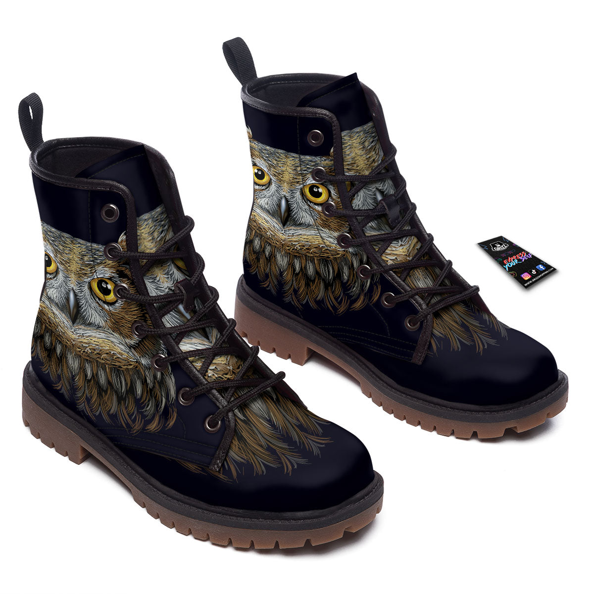 Owl Portrait Print Work Boots-grizzshop
