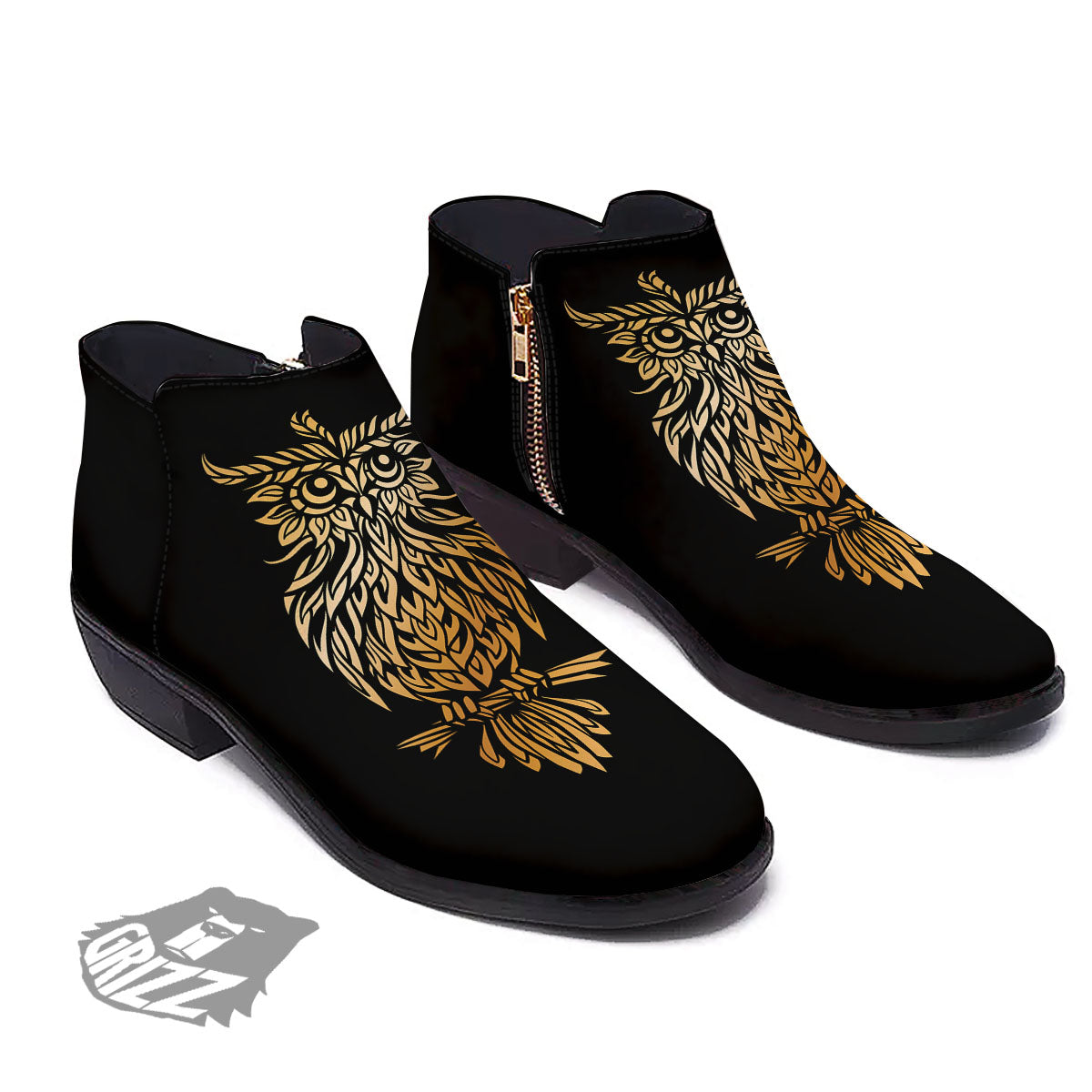Owl Spiritual Golden Print Ankle Boots-grizzshop