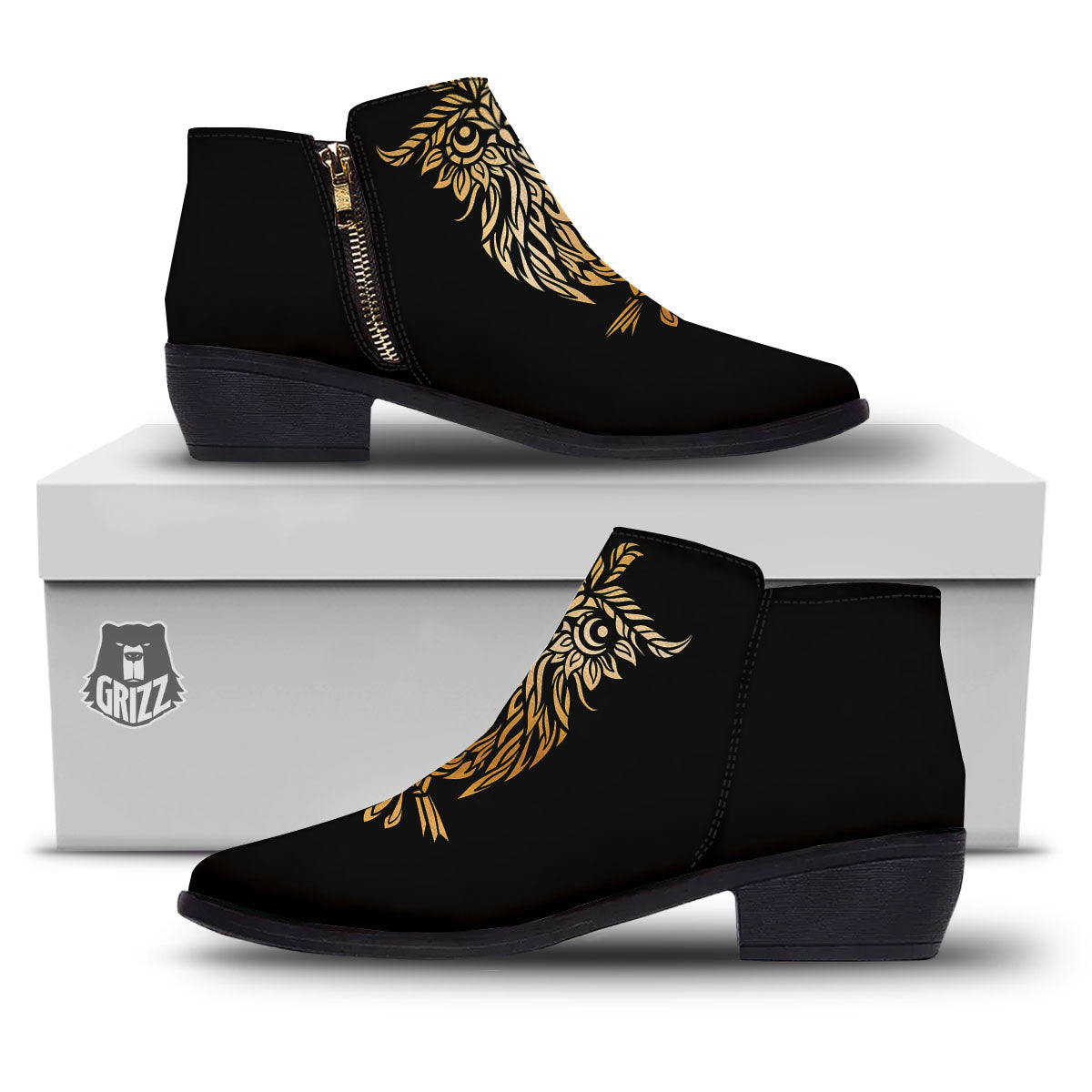 Owl Spiritual Golden Print Ankle Boots-grizzshop