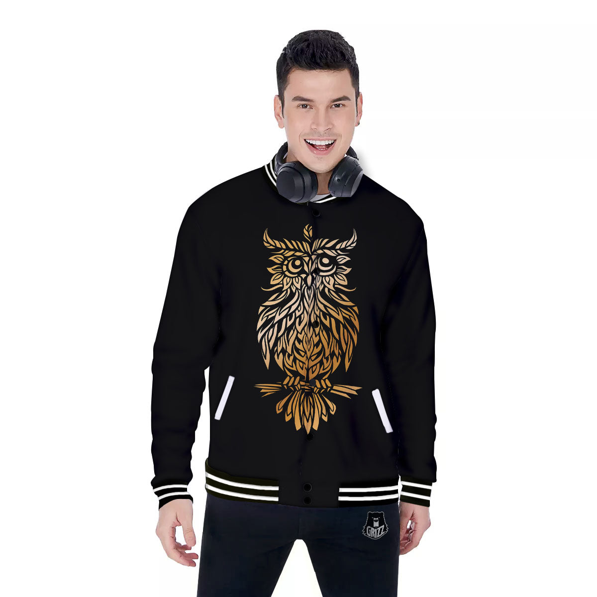 Owl Spiritual Golden Print Baseball Jacket-grizzshop