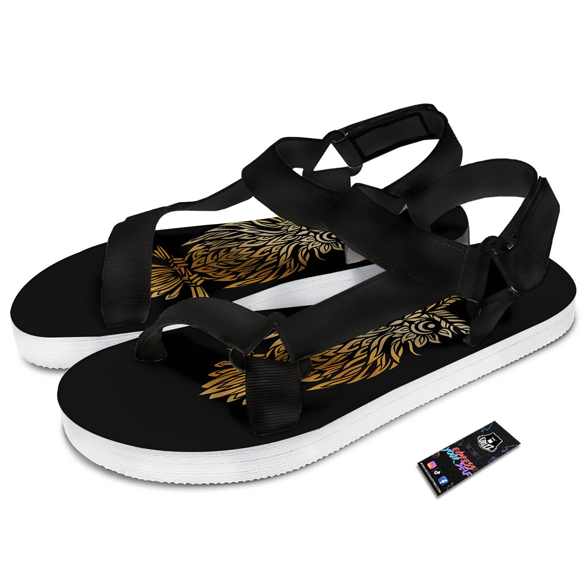 Owl Spiritual Golden Print Black Open Toe Sandals-grizzshop