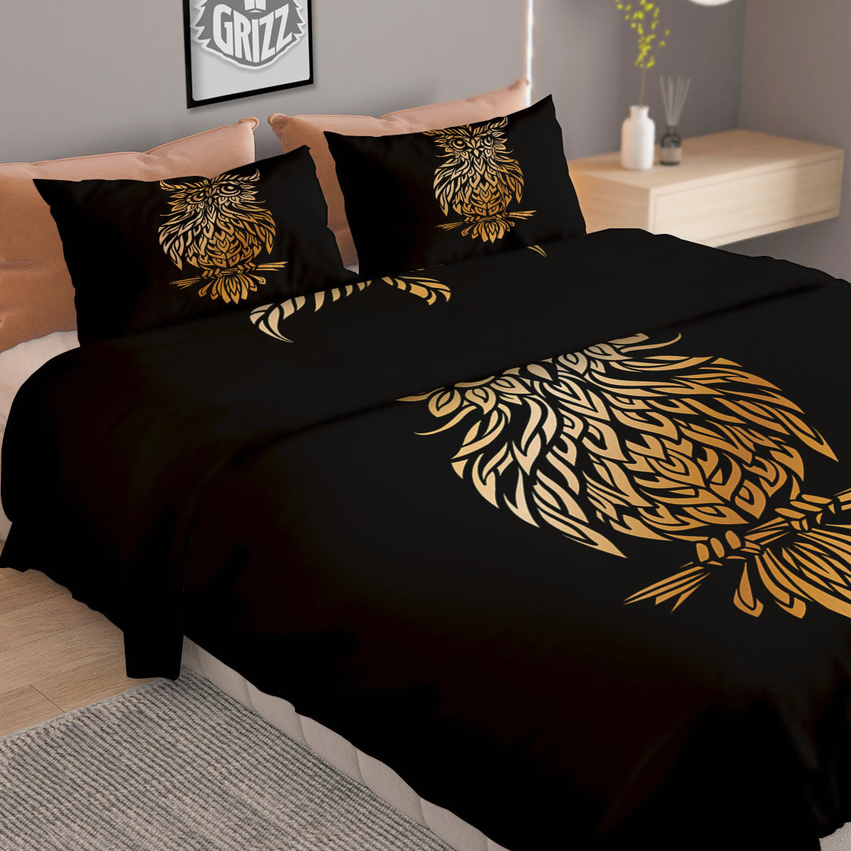 Owl Spiritual Golden Print Duvet Cover Bedding Set