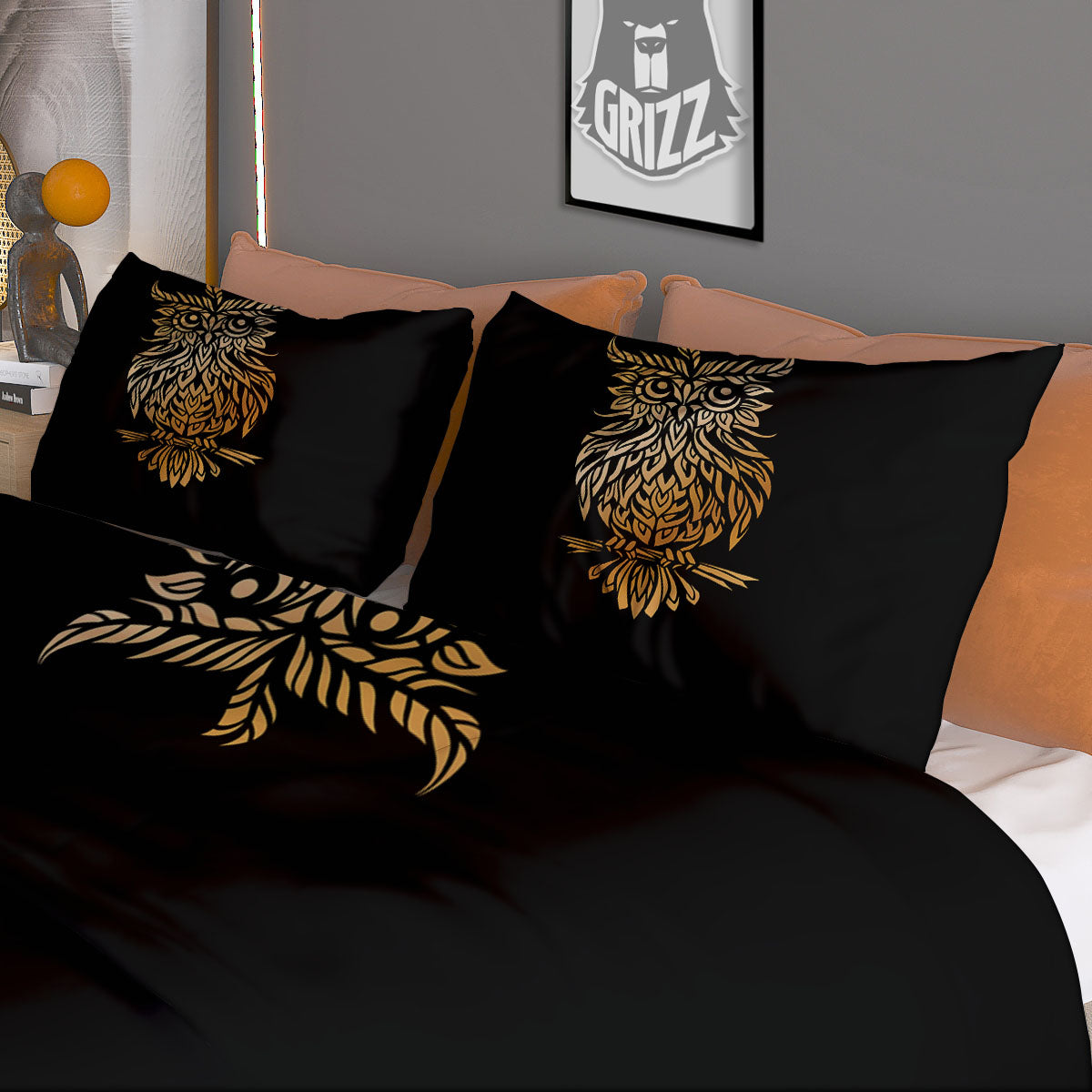 Owl Spiritual Golden Print Duvet Cover Bedding Set