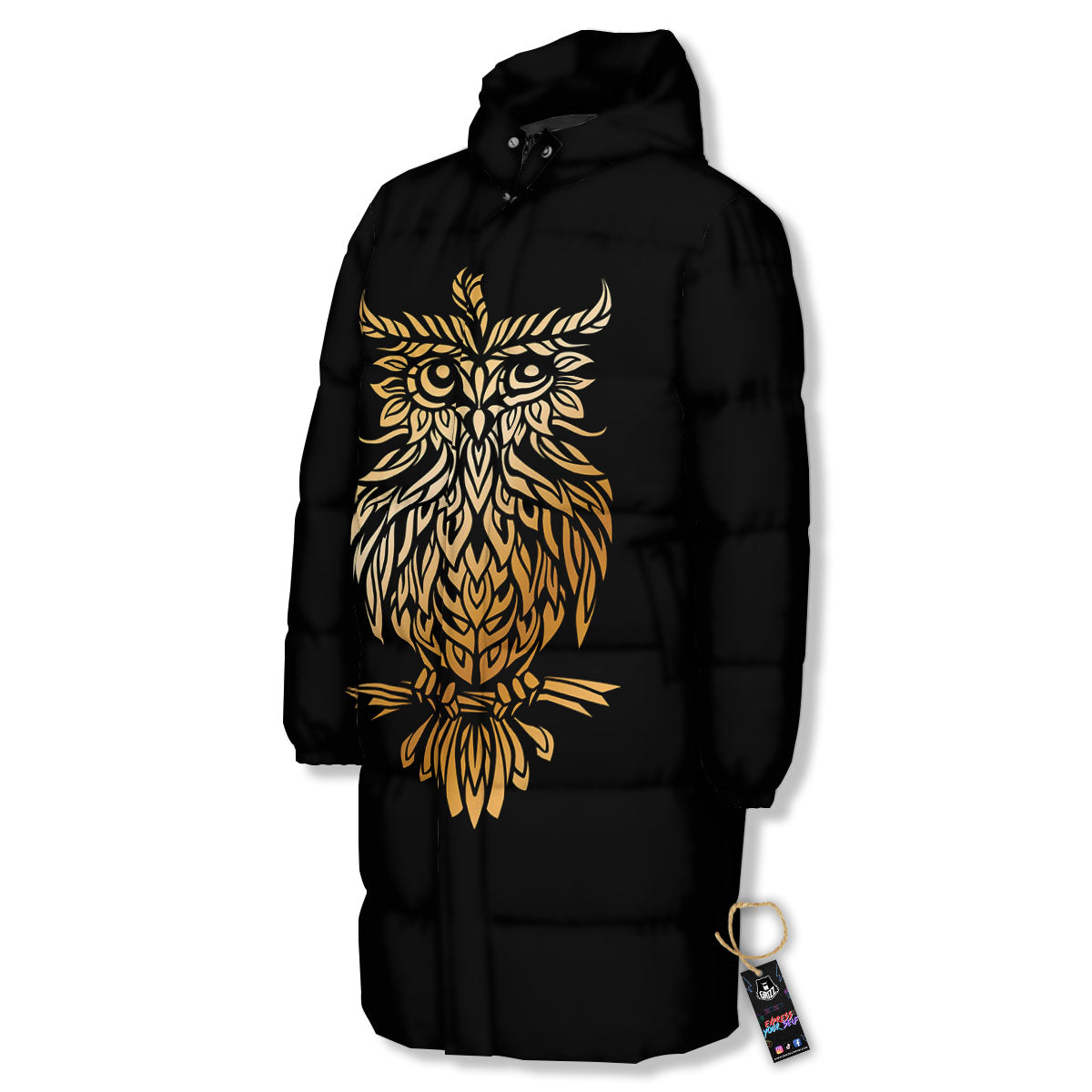 Owl Spiritual Golden Print Long Down Jacket-grizzshop