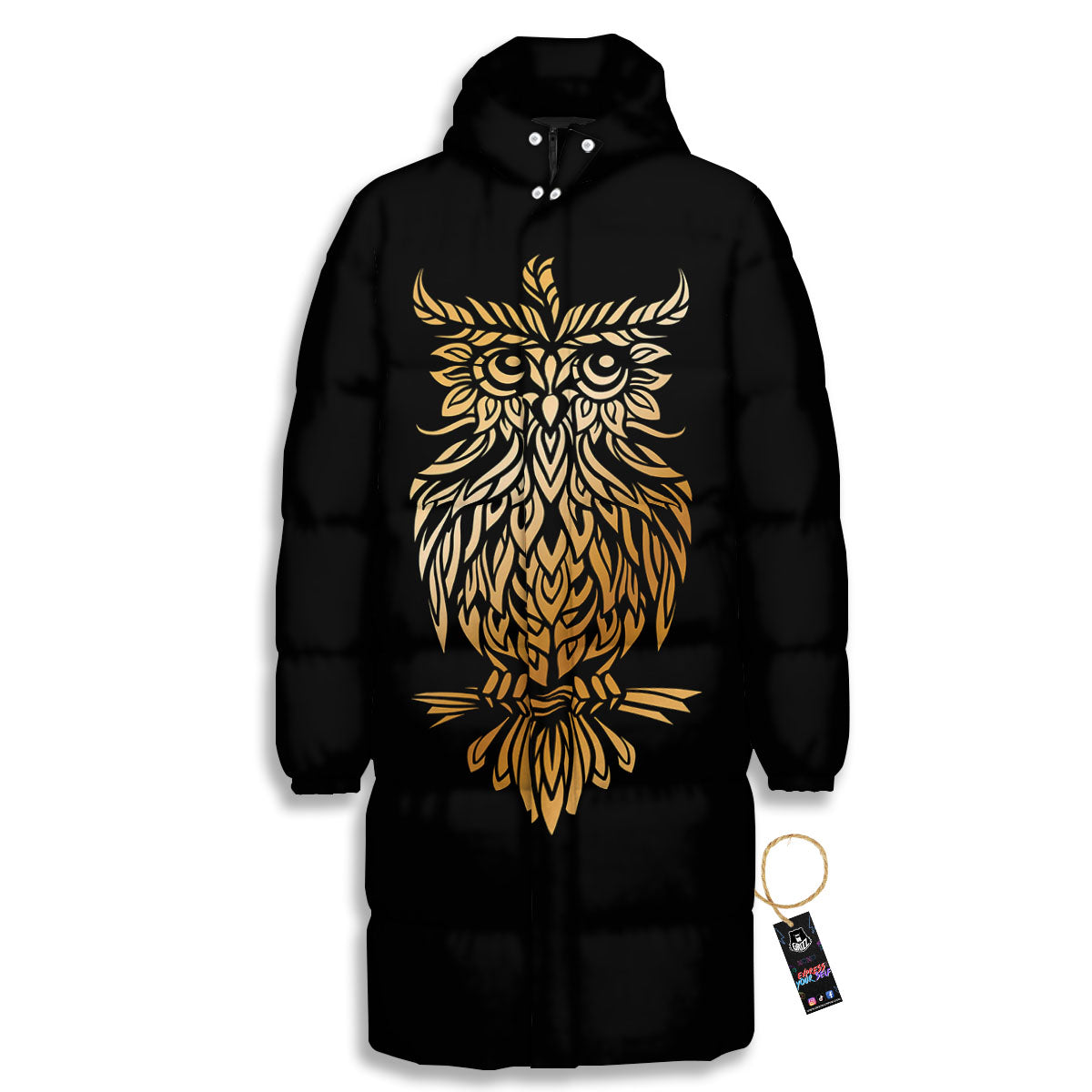 Owl Spiritual Golden Print Long Down Jacket-grizzshop