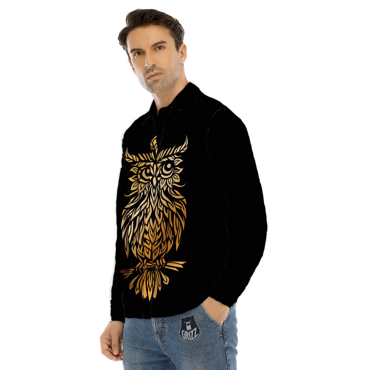 Owl Spiritual Golden Print Men's Dress Shirts-grizzshop