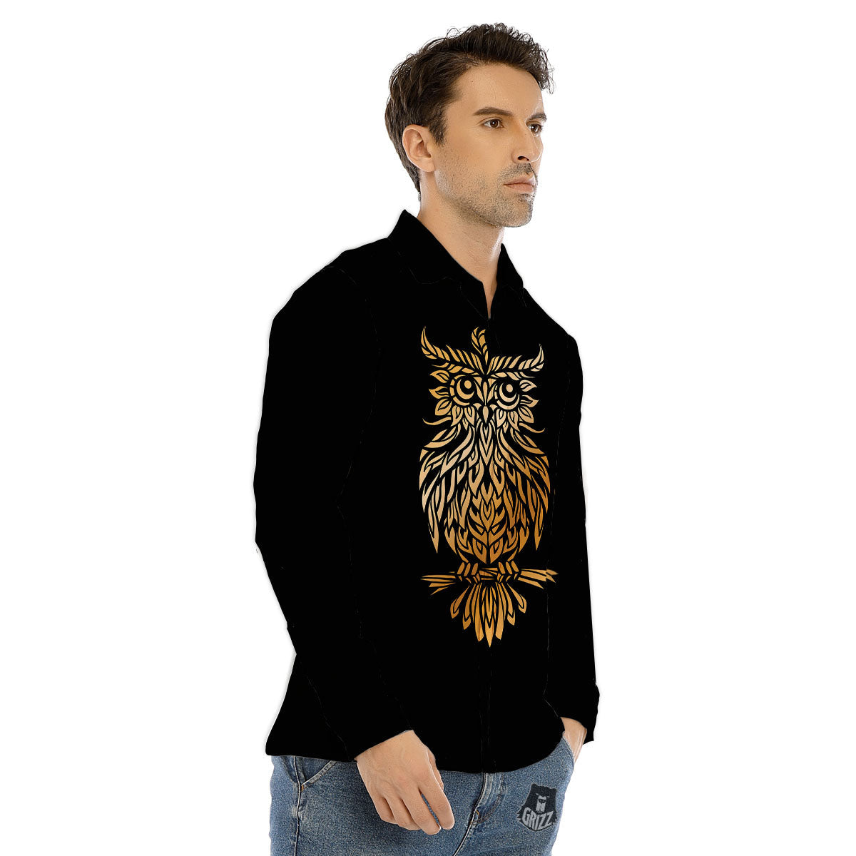 Owl Spiritual Golden Print Men's Dress Shirts-grizzshop