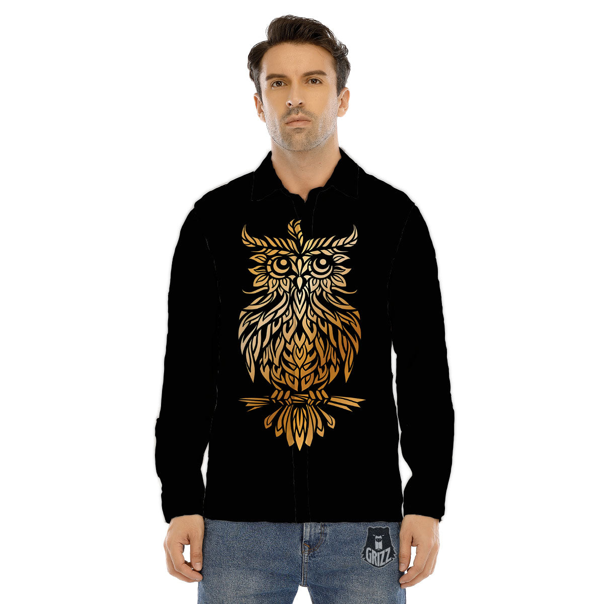 Owl Spiritual Golden Print Men's Dress Shirts-grizzshop