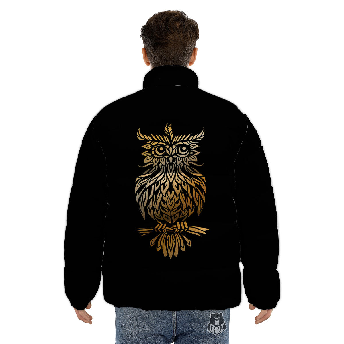 Owl Spiritual Golden Print Puffer Jacket-grizzshop