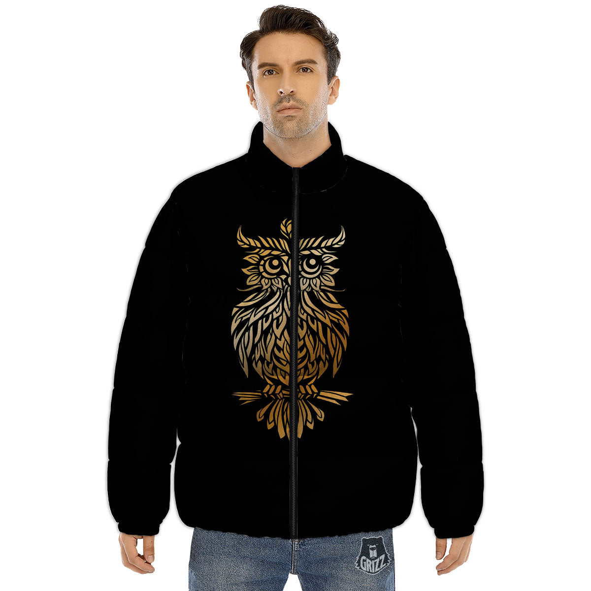 Owl Spiritual Golden Print Puffer Jacket-grizzshop