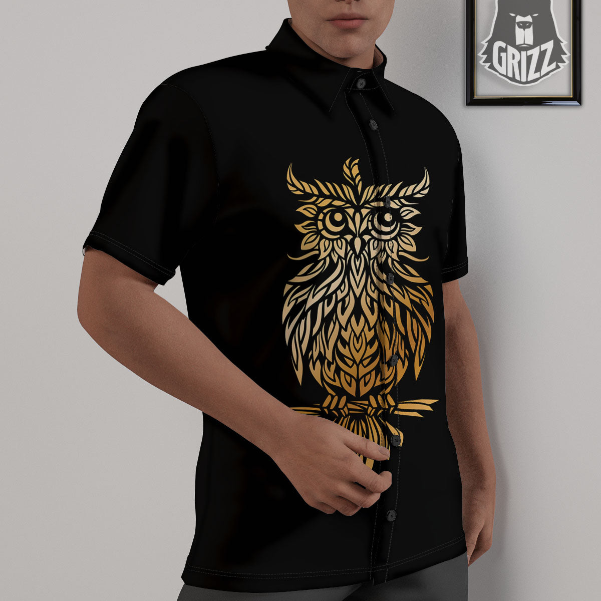 Owl Spiritual Golden Print Untucked Shirts-grizzshop
