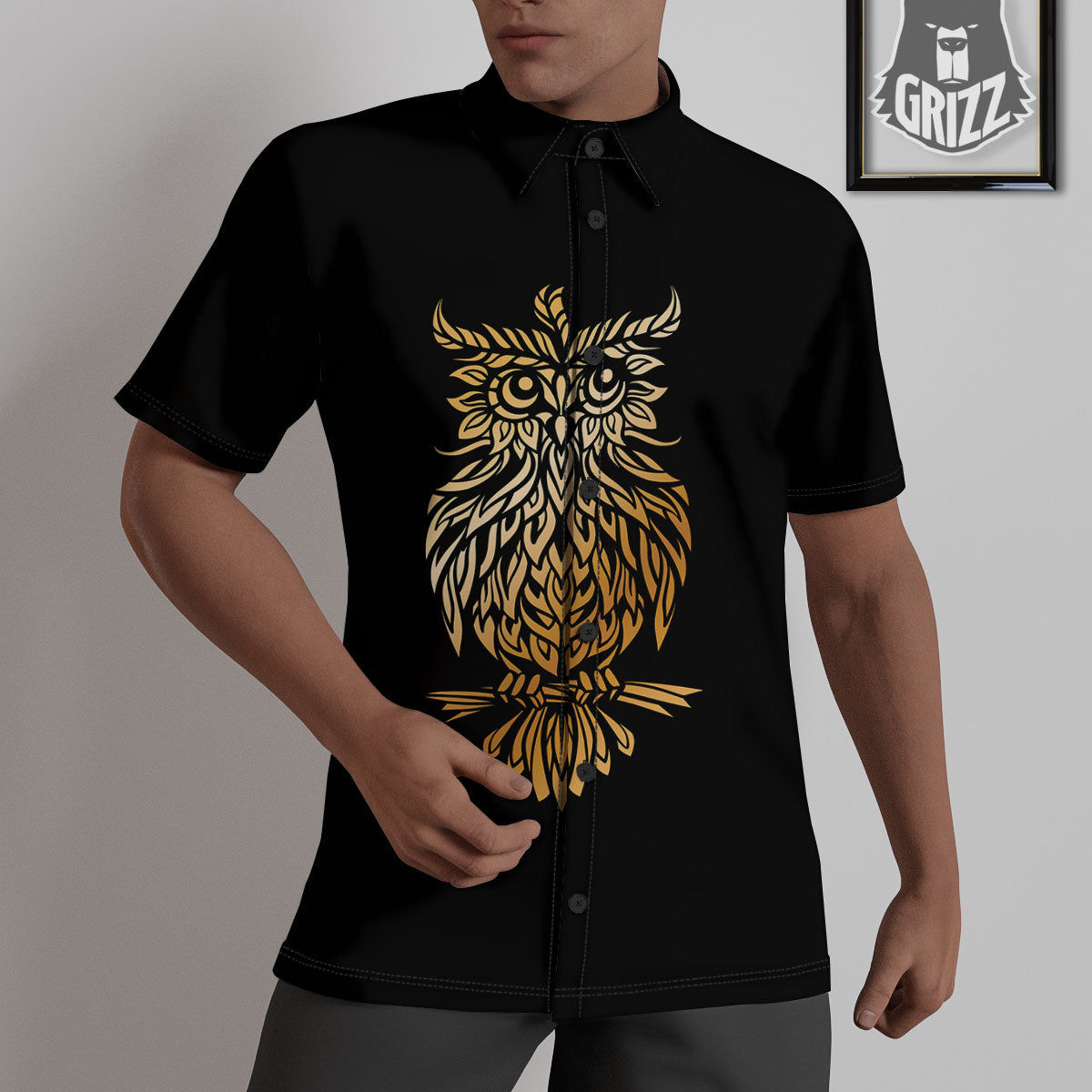 Owl Spiritual Golden Print Untucked Shirts-grizzshop