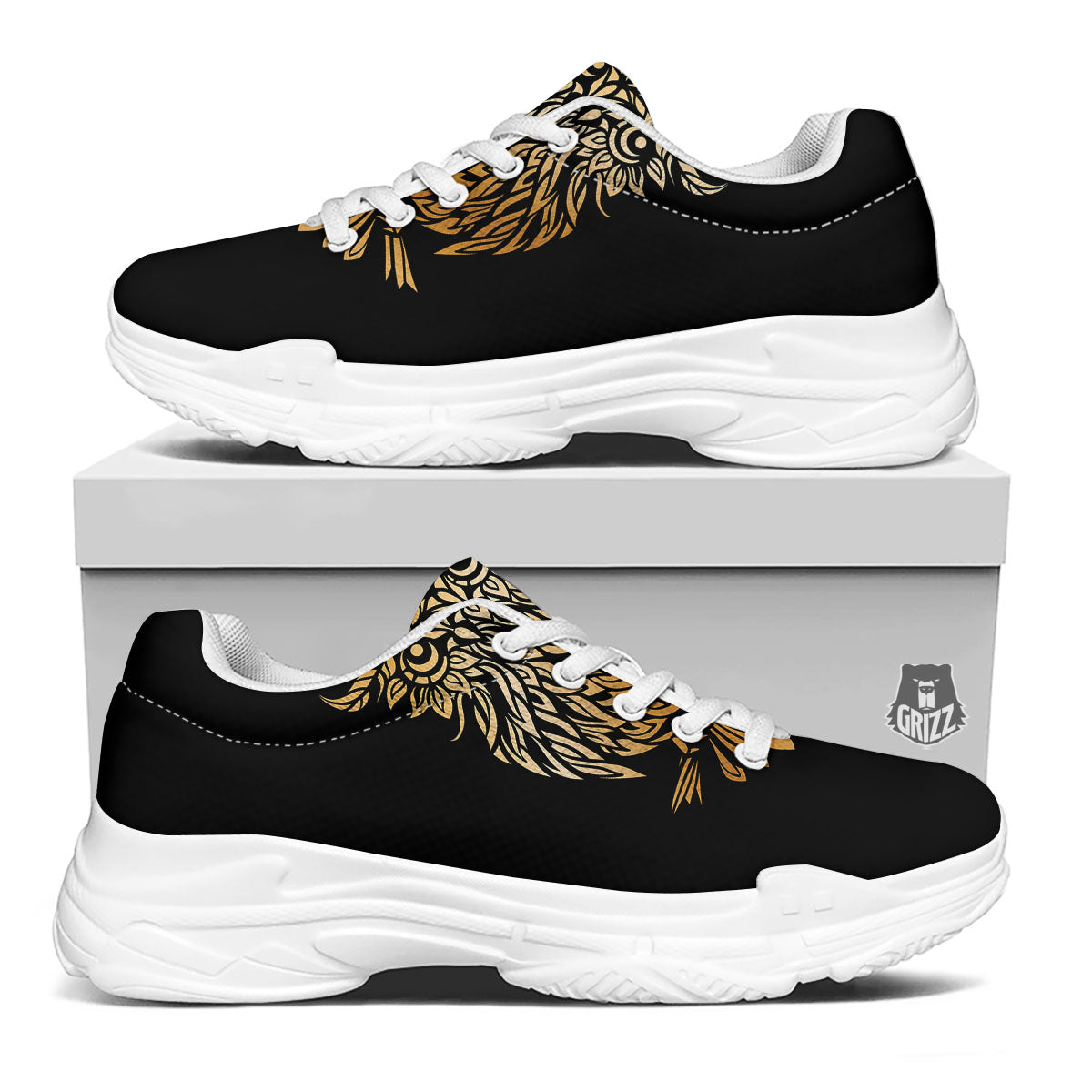 Owl Spiritual Golden Print White Chunky Shoes-grizzshop