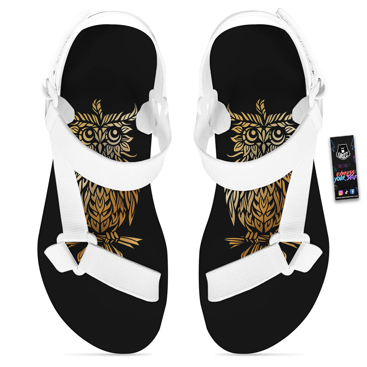Owl Spiritual Golden Print White Open Toe Sandals-grizzshop