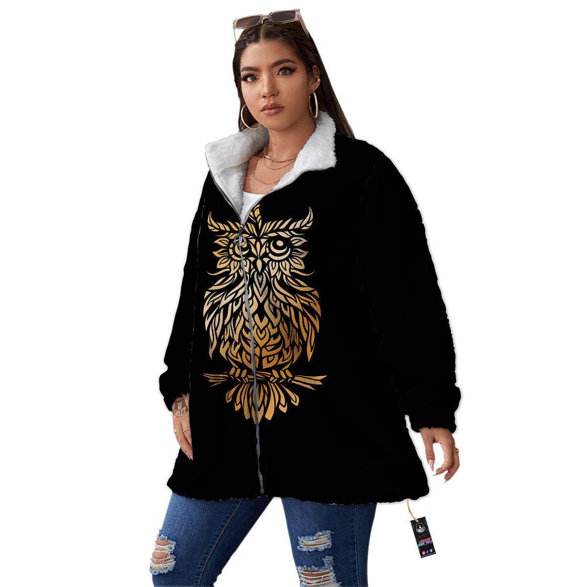 Owl Spiritual Golden Print Women's Sherpa Jacket-grizzshop