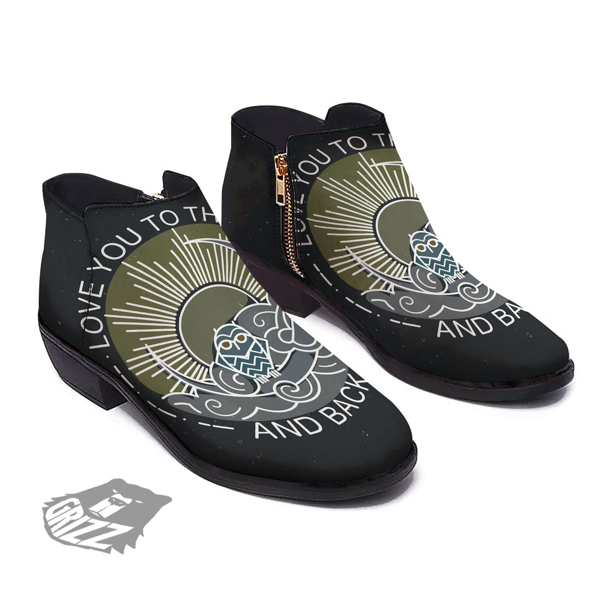 Owl Spiritual With Moon And Sun Print Ankle Boots-grizzshop