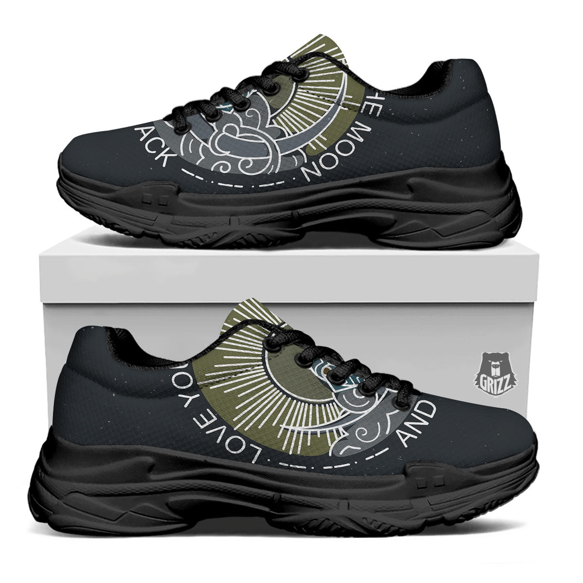 Owl Spiritual With Moon And Sun Print Black Chunky Shoes-grizzshop