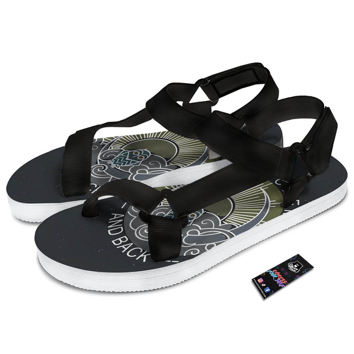 Owl Spiritual With Moon And Sun Print Black Open Toe Sandals-grizzshop