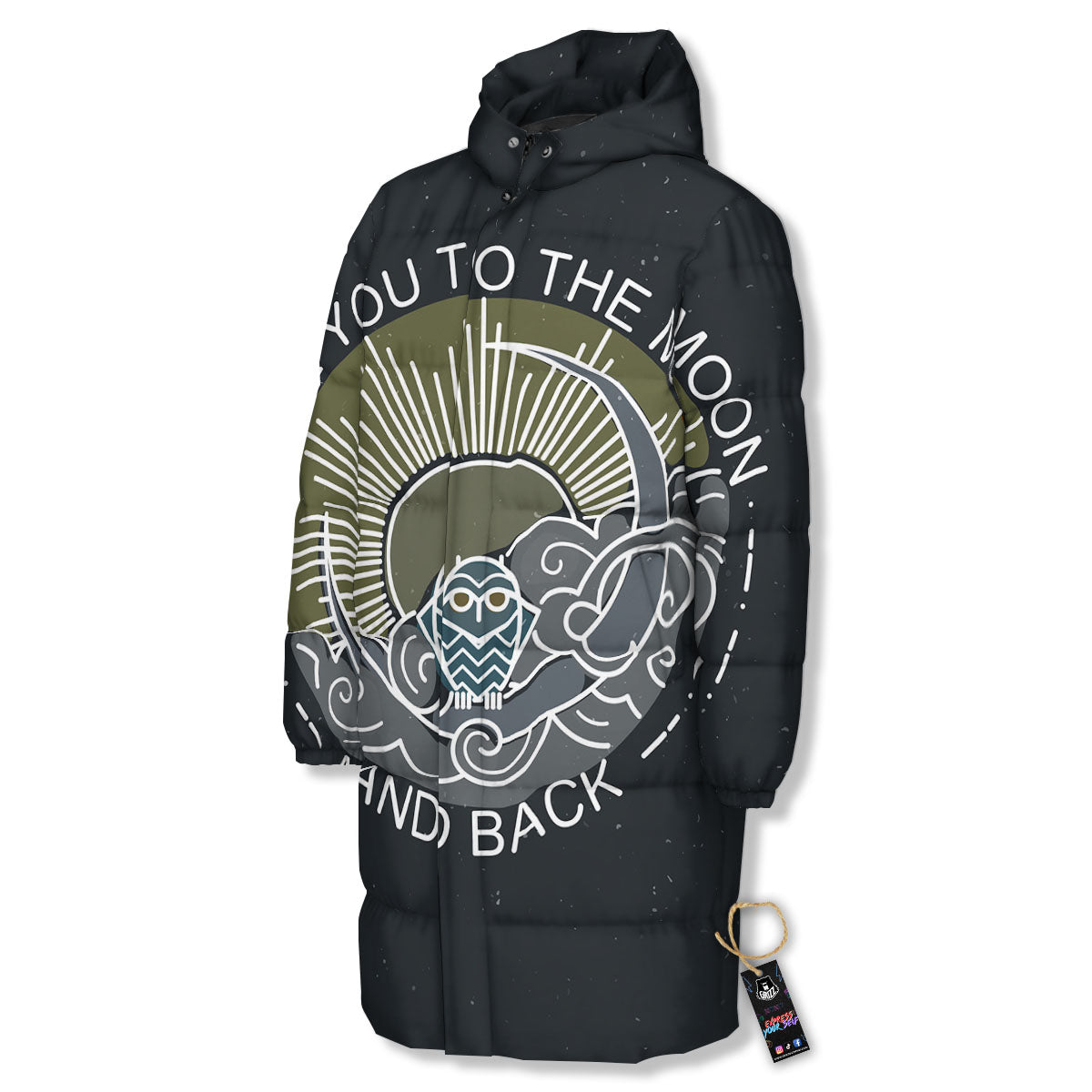 Owl Spiritual With Moon And Sun Print Long Down Jacket-grizzshop
