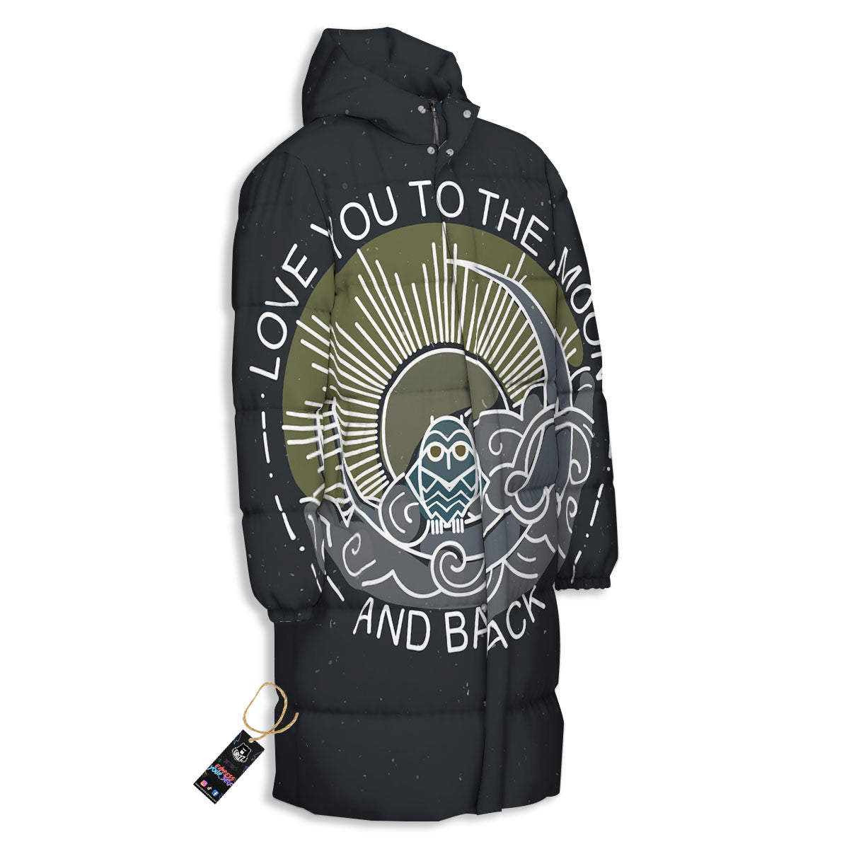 Owl Spiritual With Moon And Sun Print Long Down Jacket-grizzshop