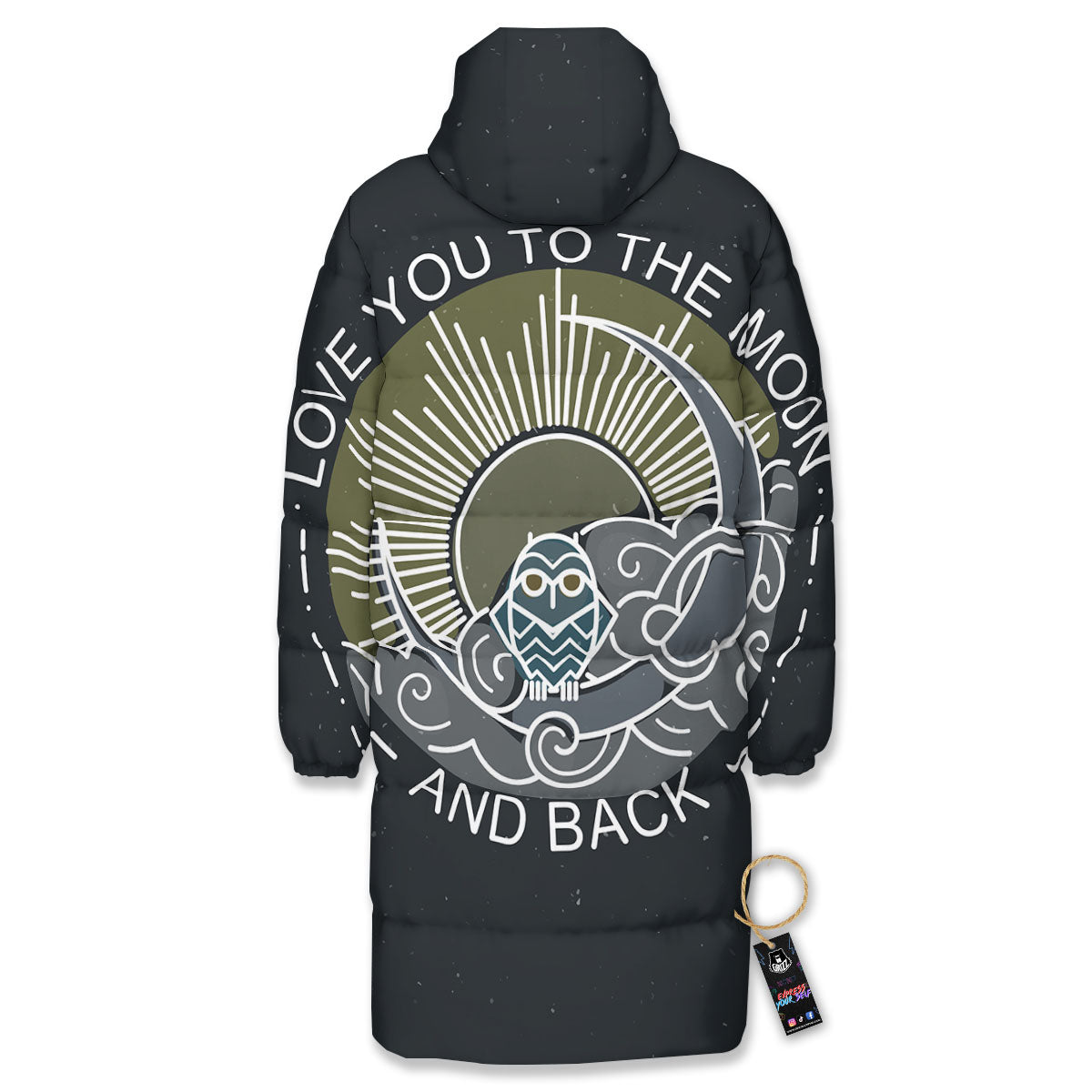 Owl Spiritual With Moon And Sun Print Long Down Jacket-grizzshop