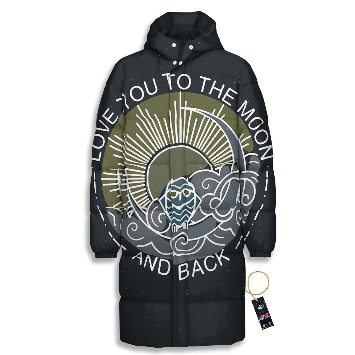 Owl Spiritual With Moon And Sun Print Long Down Jacket-grizzshop