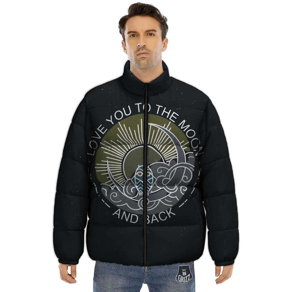 Owl Spiritual With Moon And Sun Print Puffer Jacket-grizzshop