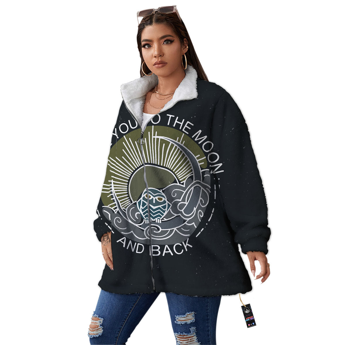 Owl Spiritual With Moon And Sun Print Women's Sherpa Jacket-grizzshop