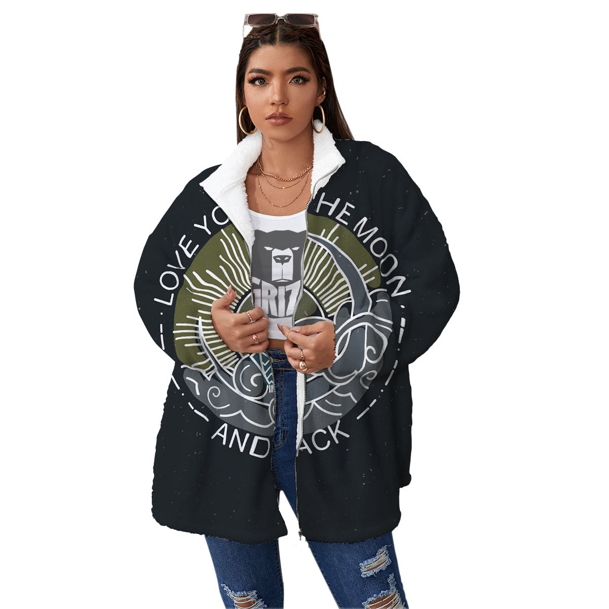 Owl Spiritual With Moon And Sun Print Women's Sherpa Jacket-grizzshop