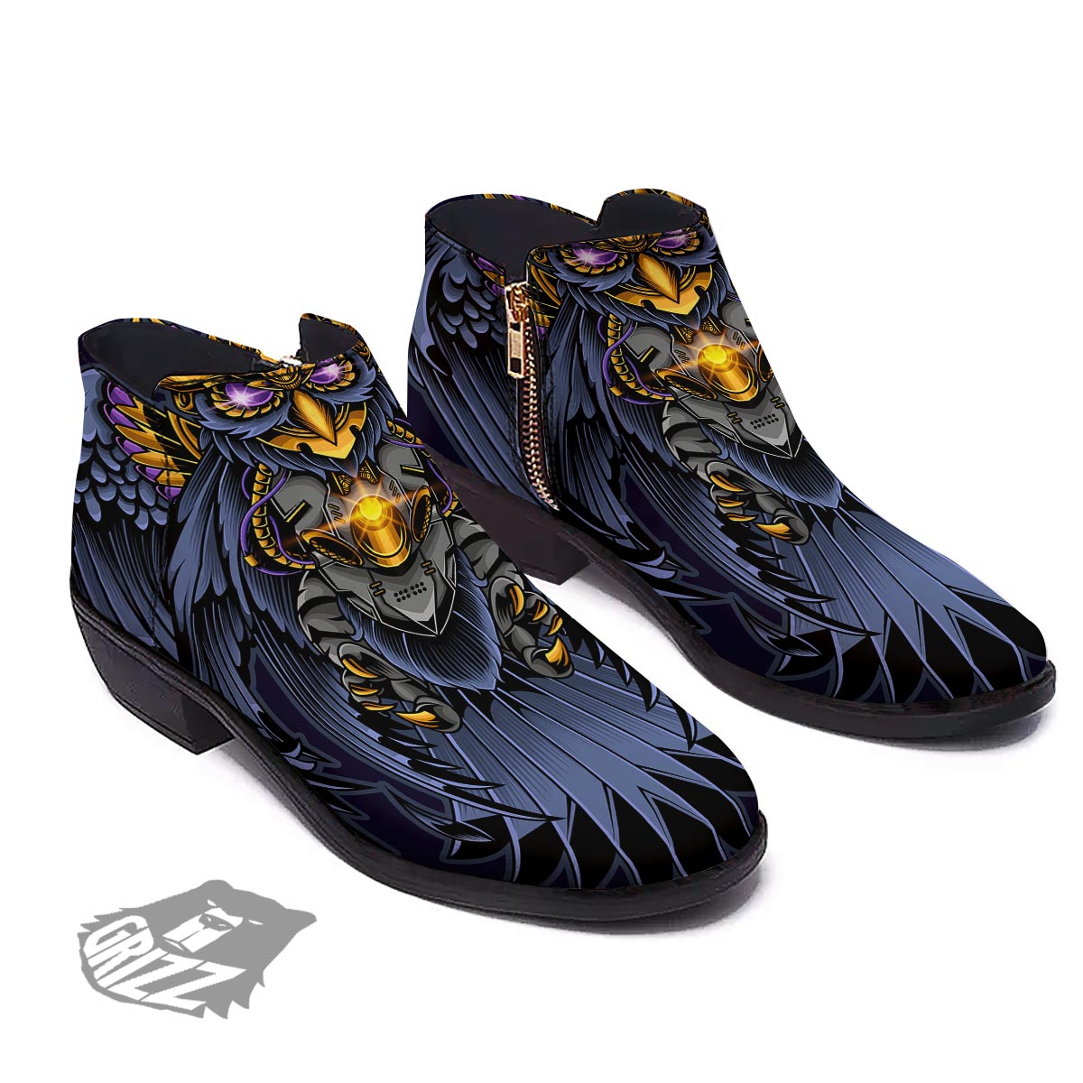 Owl Steampunk Print Ankle Boots-grizzshop