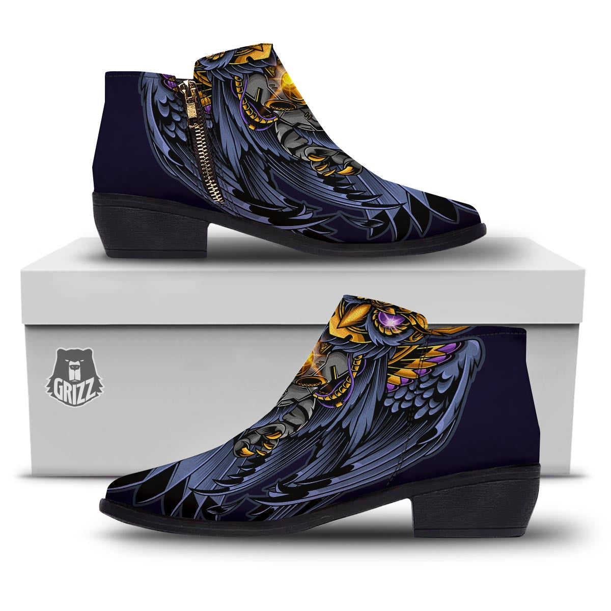 Owl Steampunk Print Ankle Boots-grizzshop