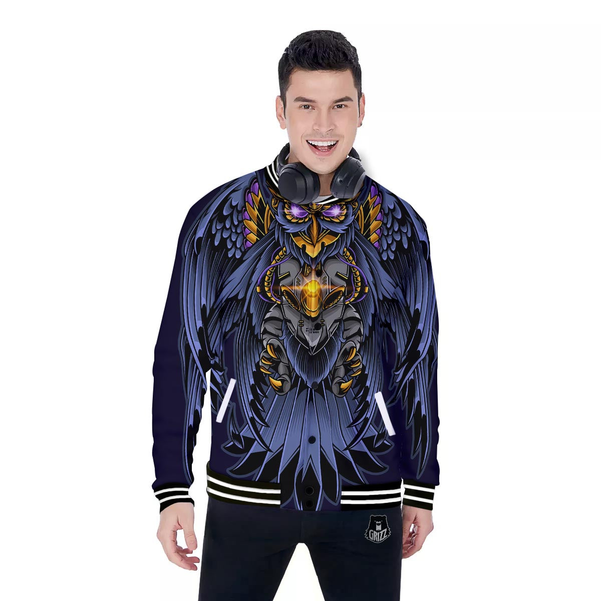Owl Steampunk Print Baseball Jacket-grizzshop