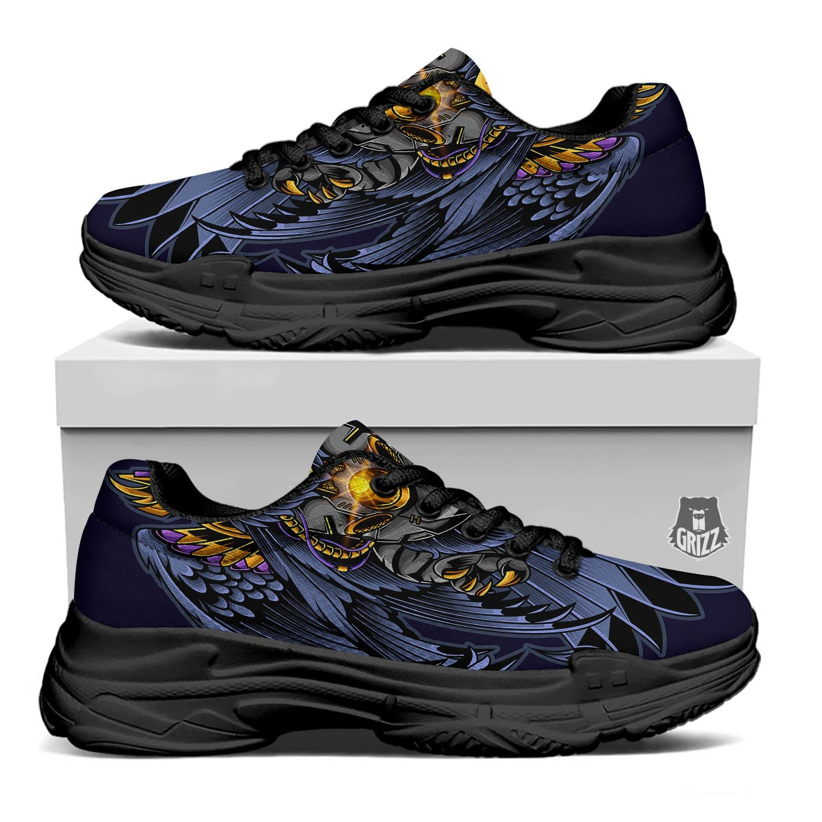 Owl Steampunk Print Black Chunky Shoes-grizzshop