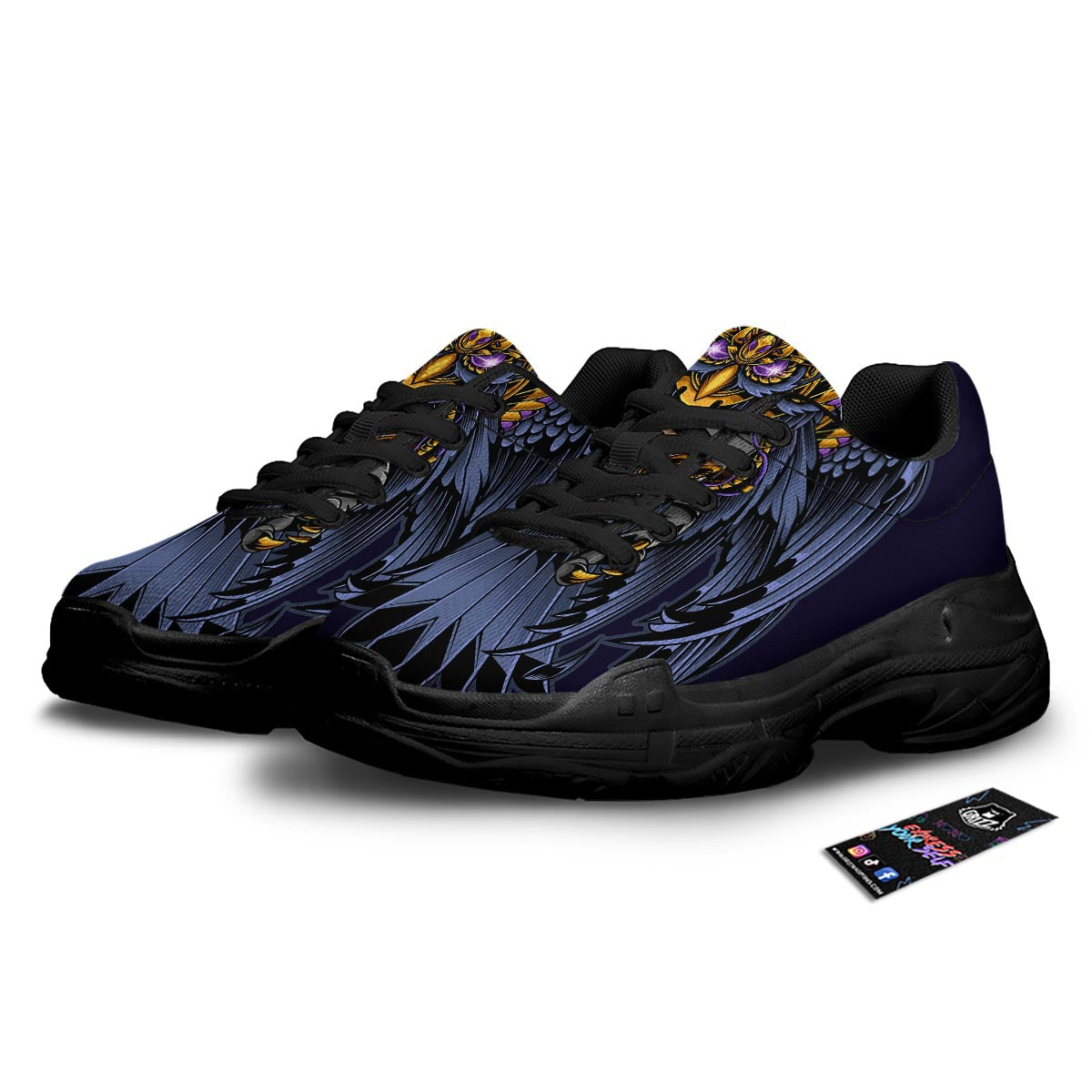 Owl Steampunk Print Black Chunky Shoes-grizzshop