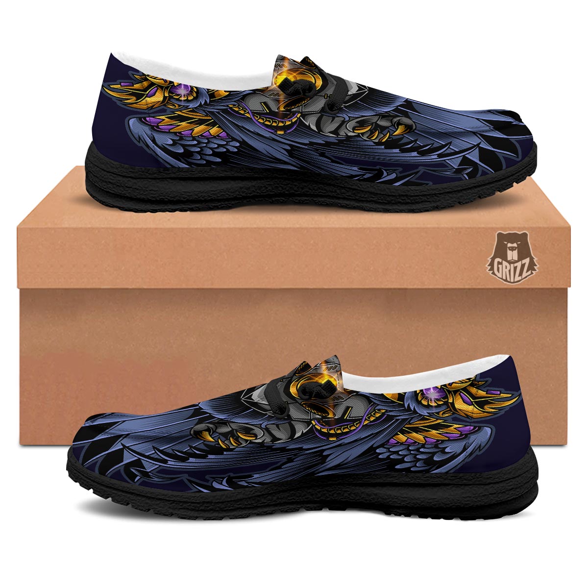 Owl Steampunk Print Black Loafers-grizzshop