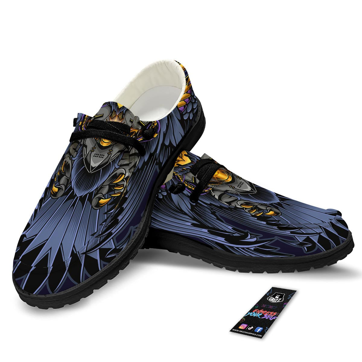 Owl Steampunk Print Black Loafers-grizzshop